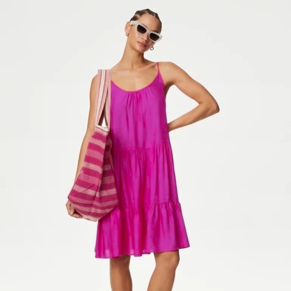 Silk Italian Mini Dress Shift Sleeveless Tiered Tank Top Straps Flowy Relaxed - Picture 1 of 10
